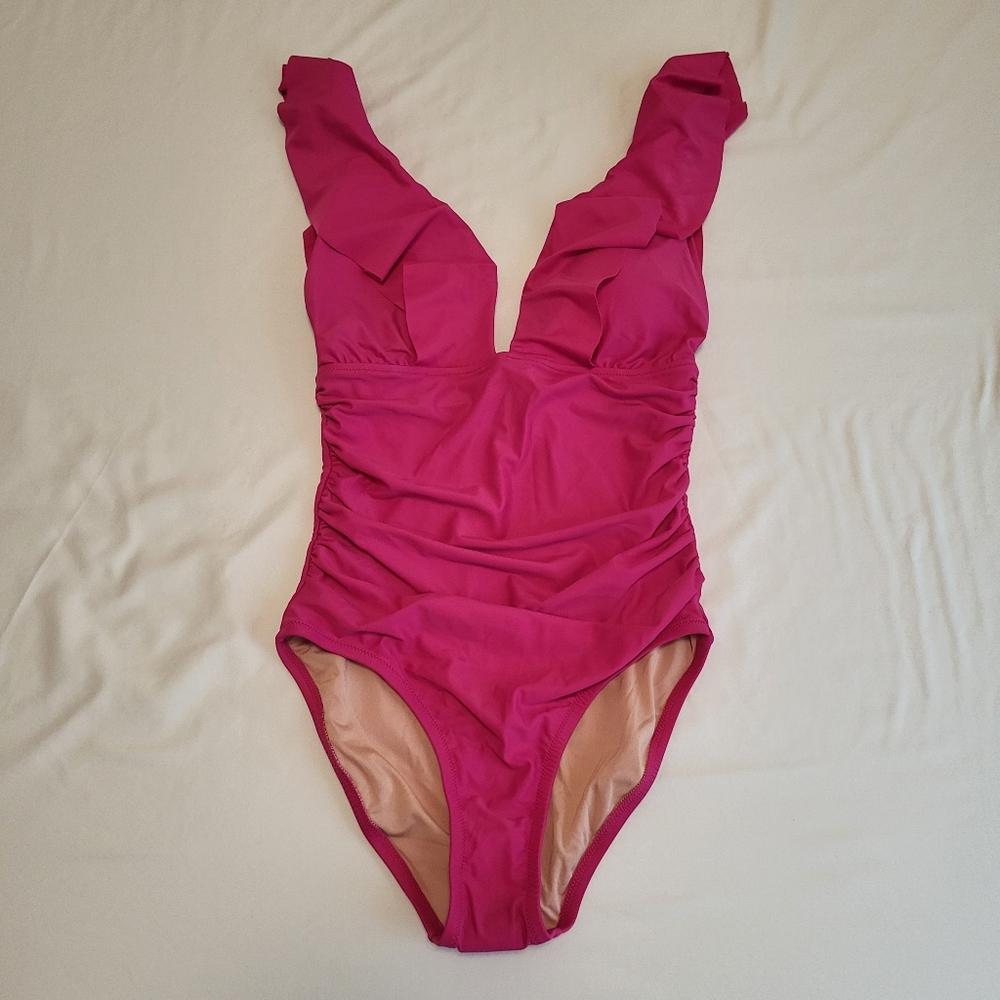 J. Crew Ruched Ruffle One-Piece Swimsuit in Radiant Fuschia